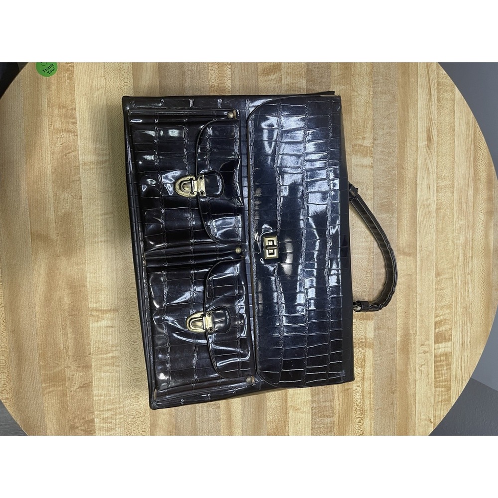 BROWN CROCO PRINT FAUSE LEATHER VINTAGE CELEBRITY 2 POCKETS FLAP BRIEFCASE